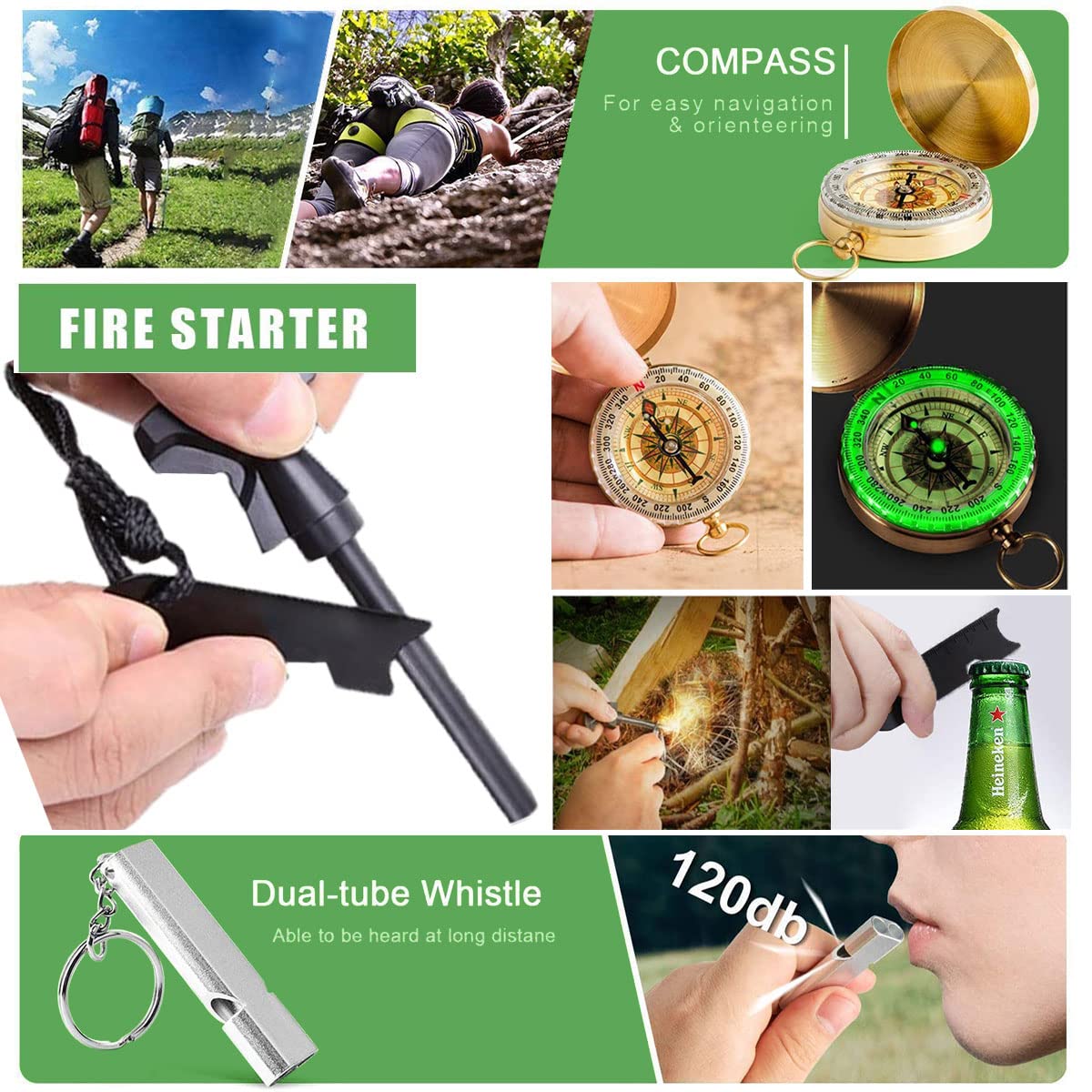 Kit de Supervivencia, 63 en 1 Multifuncional Equipo de Botiquín Primeros Auxilios, Regalos Ideales de Navidad y Cumpleaños para Hombres Supervivencia de Emergencia para Viajar Caminar Acampar
