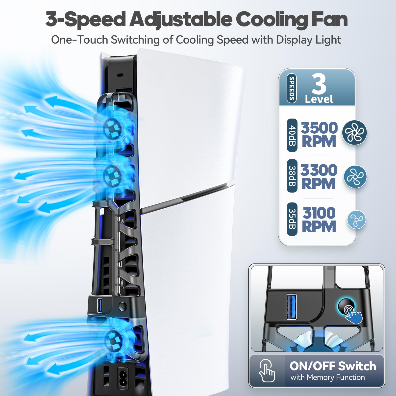 Tokluck PS5 Ventilador de Refrigeración para PS5 Slim Disc & Digital Consola, Ventilador para PS5 de 3 Velocidades con Función de Memoria y USB3.0 HUB, Refrigeración para PS5 con Luz Ambiental