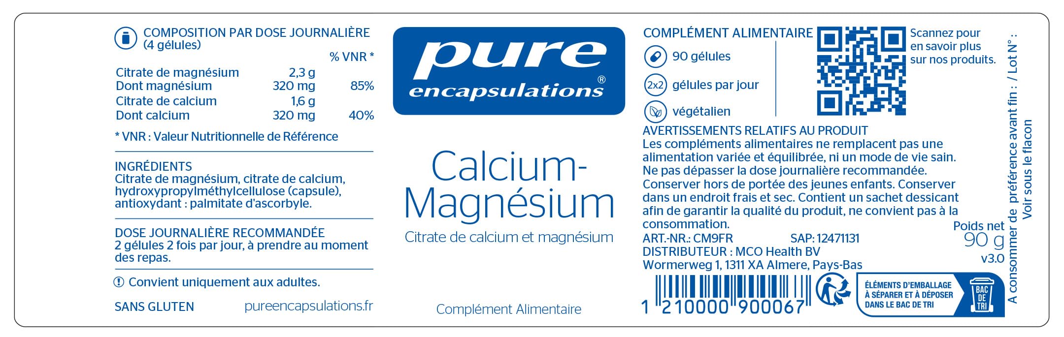 Pure Encapsulations - Calcium-Magnésium (Citrate) - Citrate de Calcium Végan avec Magnésium Hautement Absorbable - 90 Gélules Véganes