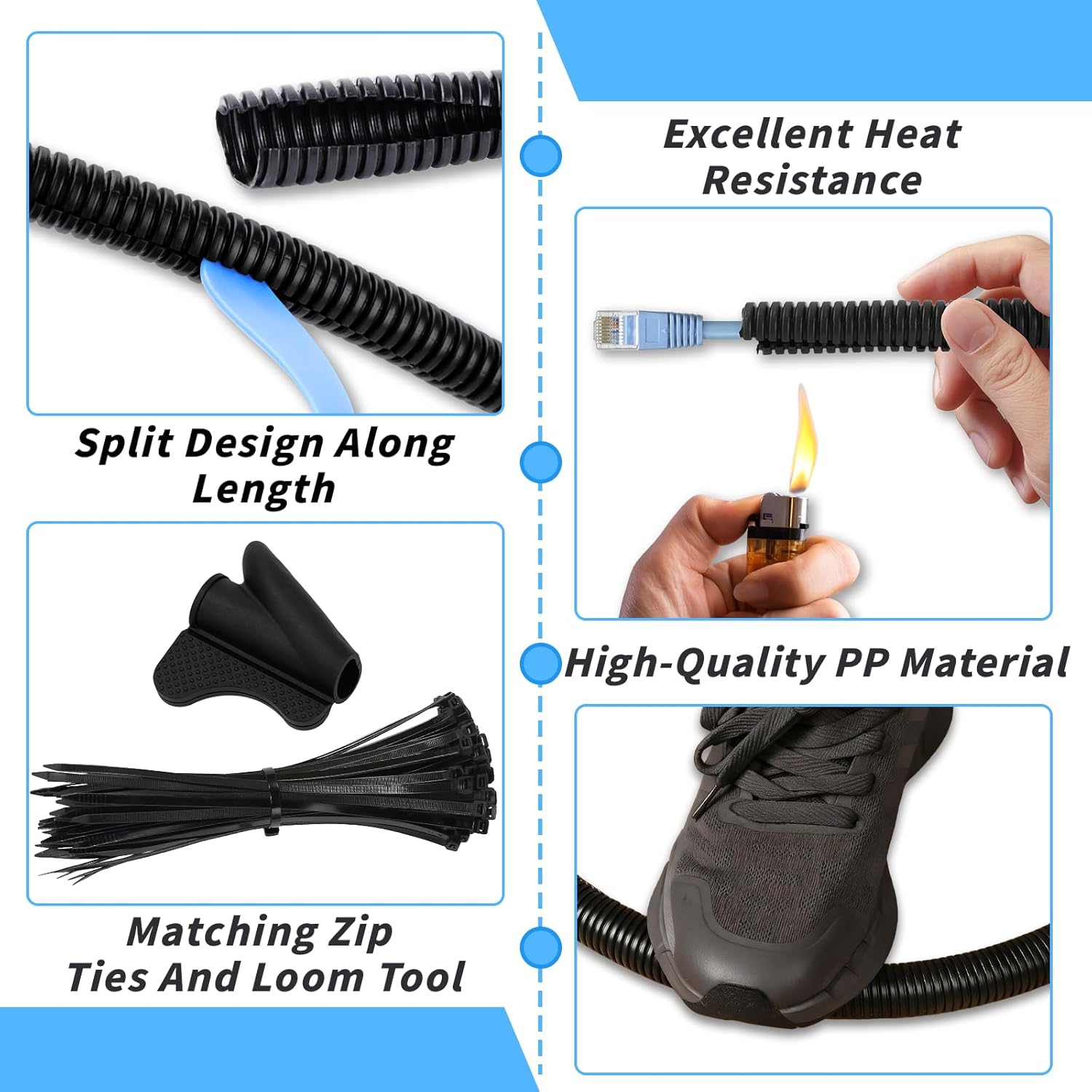 80FT Split Wire Loom Tubing, 1 Inch Wire Protector Tubing, Automotive Wire Flexible Conduit Cord Covers with 50 Cable Ties for Automotive Marine RV Agriculture Electrical Cable Protection