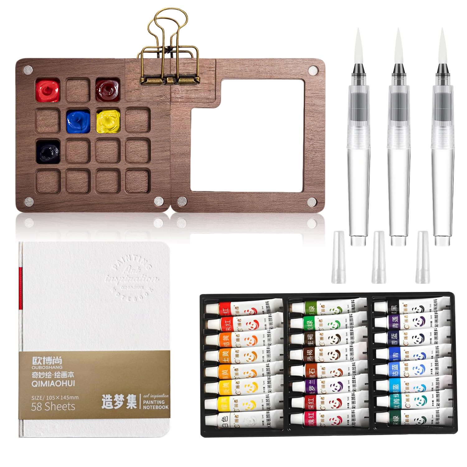 Tavolozza per Dipingere Wet Palette con 1 Quaderno Portatile per Schizzi ad Acquerello, 3 Pennello ad Acqua, 24 Acquerello 1 Clip in Metallo, Adatta L'acquerello,Pittura ad Olio e Gli Schizzi