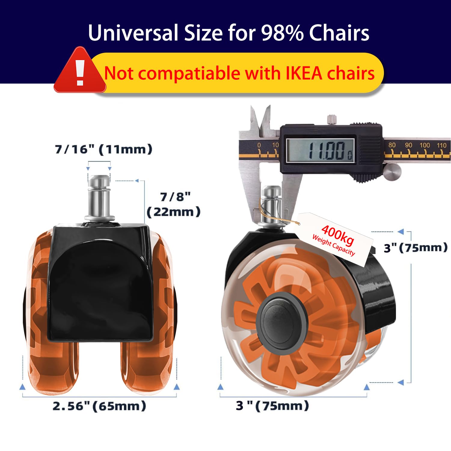 Hirate Office Chair Caster Wheels Heavy Duty(Set of 5), 3” Dual Ball Roller Furniture Chair Casters Replacement Mute Rolling for Hardwood Floors & Carpet Universal Fit 7/16" x 7/8", Orange