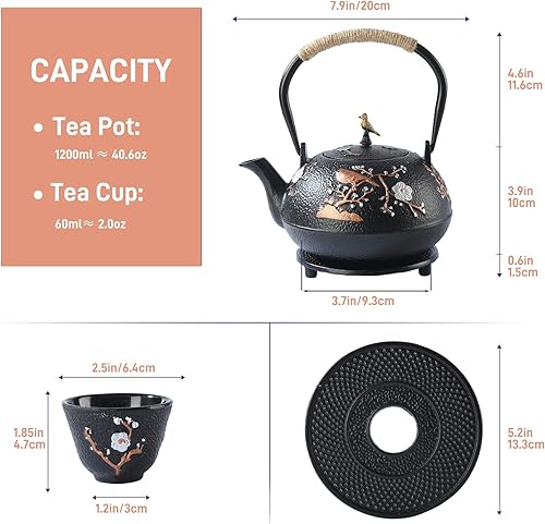 Miniatura 6 de Juego de té de estilo japonés, hermoso juego de tetera de hierro fundido negro con 4 tazas, 1 salvamanteles y 1 soporte de tapa, tetera de 40.6