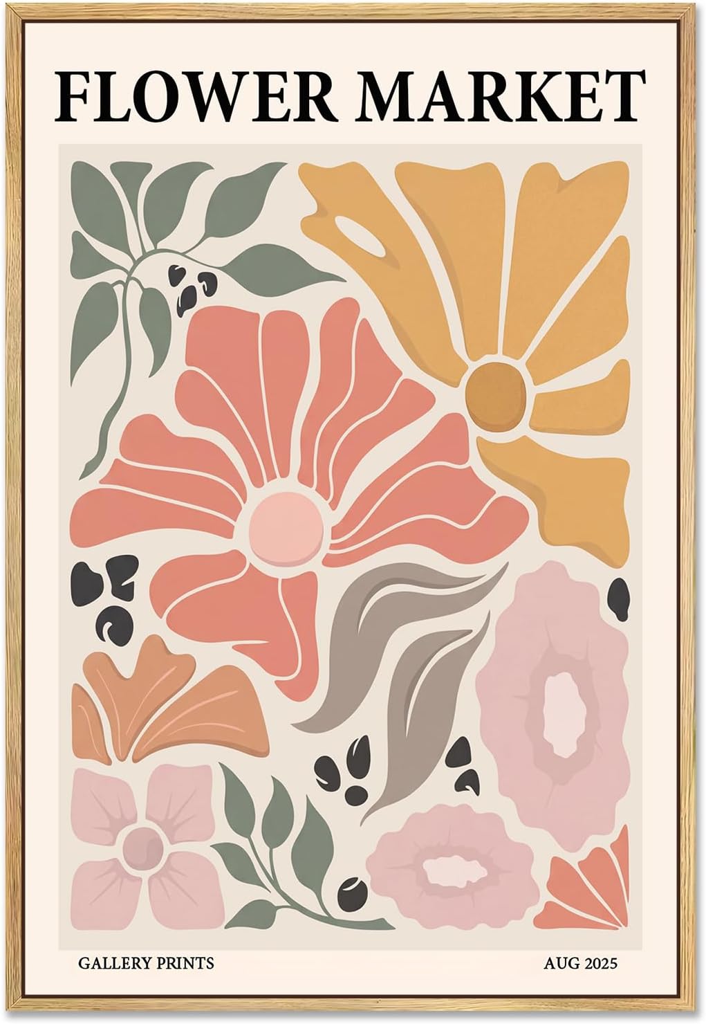 Qizee Framed Flower Market Canvas Wall Art, Danish Pastel Inspired Minimalist Abstract Colorful Painting for Bedroom Living Room Dorm Gallery - 12"x16" Natural Framed