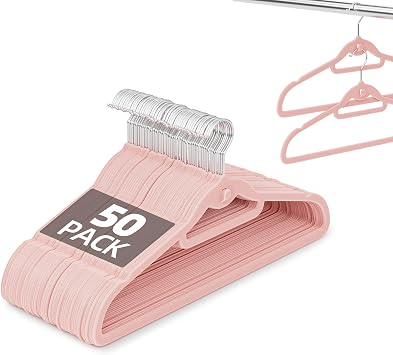 Velvet Hangers 50 Pack Pink, Non Slip Stackable Clothes Hangers with Cascading Hooks, Ultra Thin and Space Saving Felt Hangers with Tie Bar, 360 Swivel Hooks, Heavy Duty for Suit Coat Shirt Pant