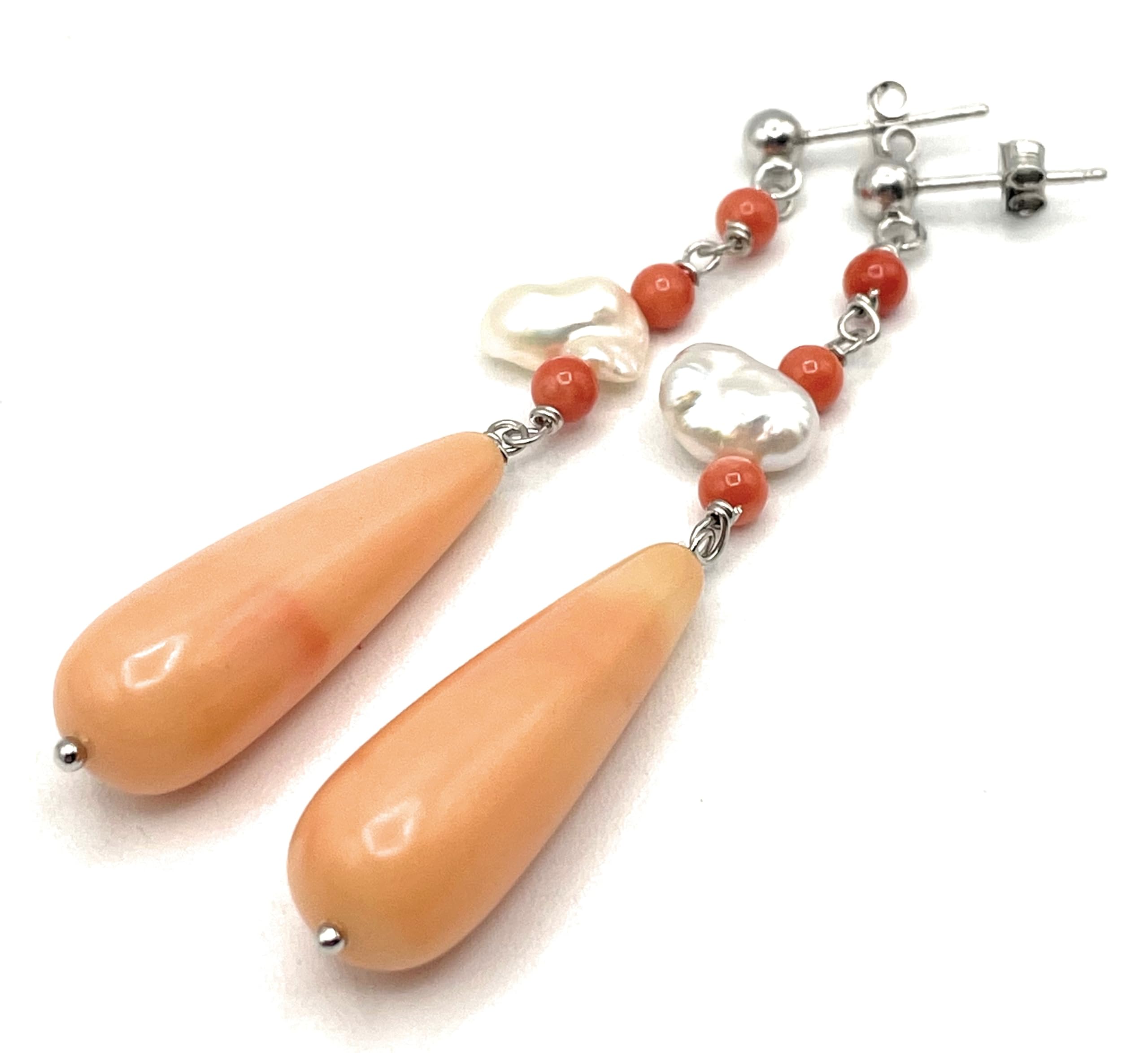 Orecchini Corallo Rosa e Perle Keshi, Pendenti in Argento 925 Made in Italy, Gioielli Pietre Naturali, Bijoux Artigianali, Regalo per Lei