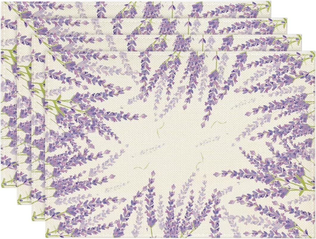 Artoid Mode Lavender Spring Placemats for Dining Table, 12 x 18 Inch Summer Seasonal Holiday Decoration Rustic Vintage Washable Table Mats Set of 4