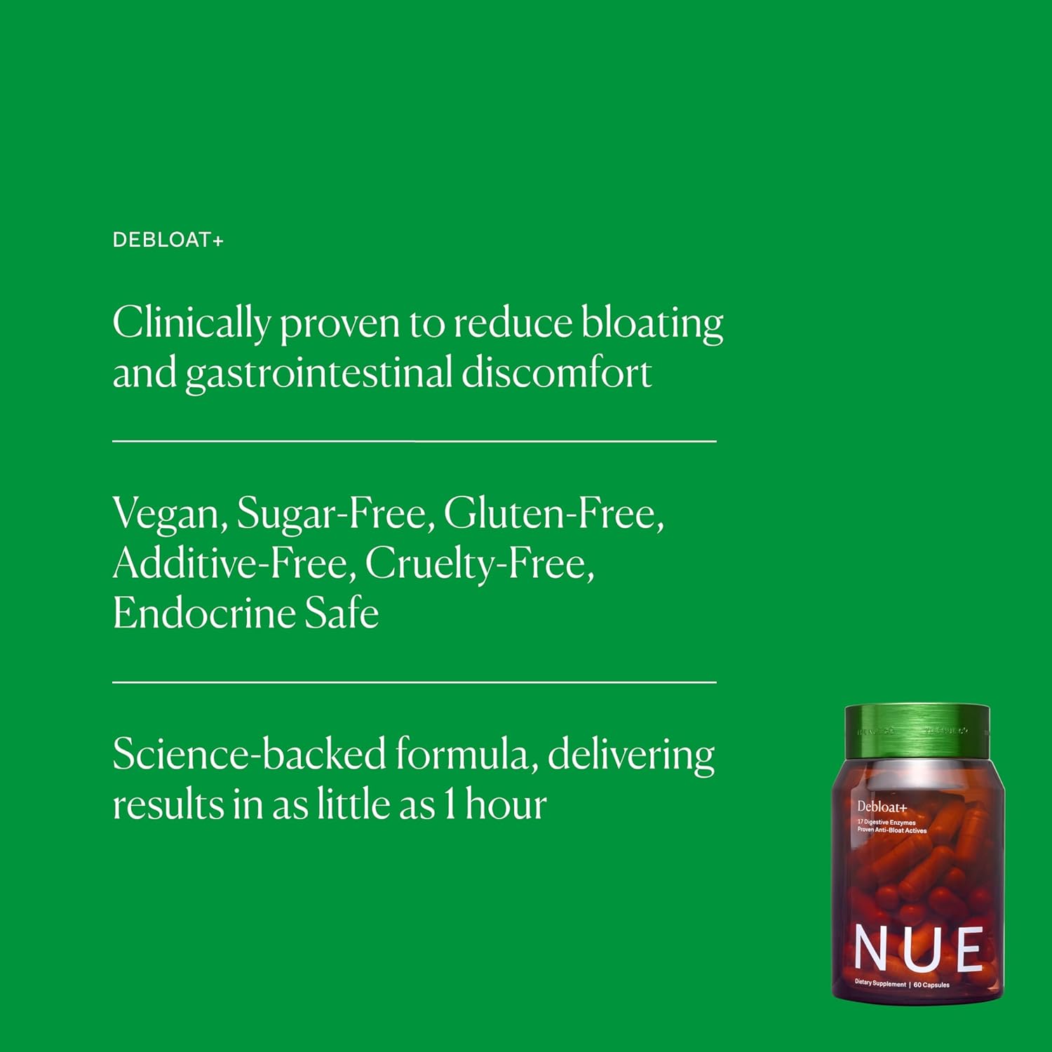 The Nue Co. Debloat+ Supplement - Vegan & Gluten Free Digestive Supplement for Bloating, Gas & Abdominal Discomfort - Debloat Pills for Gut Health & Immunity | 60 Capsules