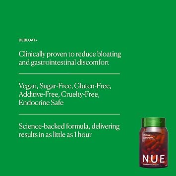 The Nue Co. Debloat+ Supplement - Vegan & Gluten Free Digestive Supplement for Bloating, Gas & Abdominal Discomfort - Debloat Pills for Gut Health & Immunity - 60 Capsules
