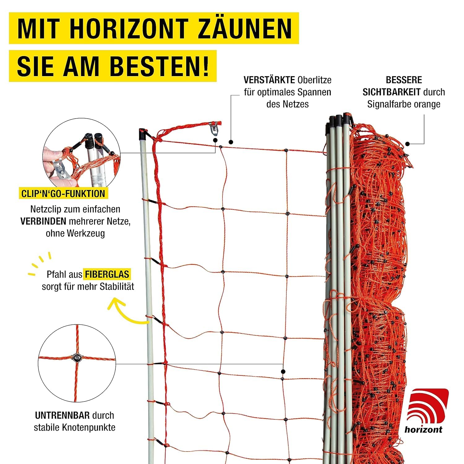 horizont StrongLine - Recinzione mobile per cani da campeggio, 50 m, 90 cm, elettrificabile, 14 pali in fibra di vetro, colore arancione, flessibile, per cani, recinzione mobile per giardino