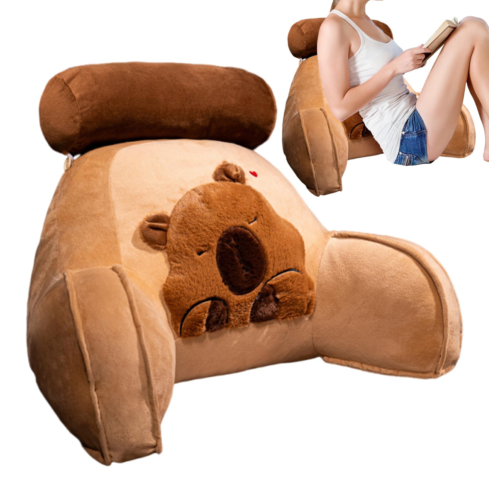 Capybara - Cuscino da lettura per letto, cuscino per schienale in peluche con supporto per le braccia, comodo e morbido cuscino con imbottitura resistente, per adulti, supporto lombare per collo