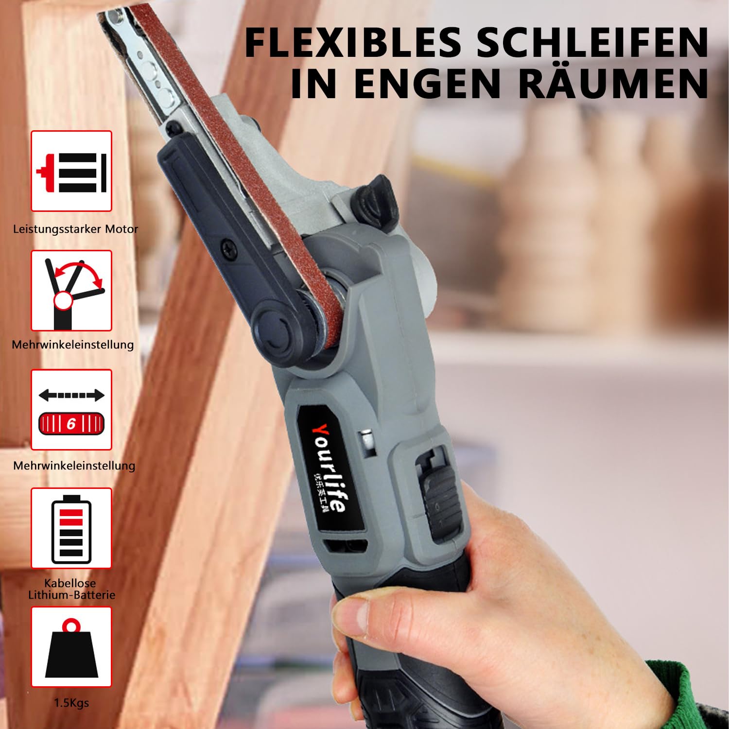 Bandschleifer für Makita 18V Akku, Elektrische Bandfeile mit 6 Geschwindigkeiten, 35° Einstellbare Bandschleifgerät Fingerschleifer Bandschleifmaschine zum Polieren von Holz und Metall (ohne Akkus)
