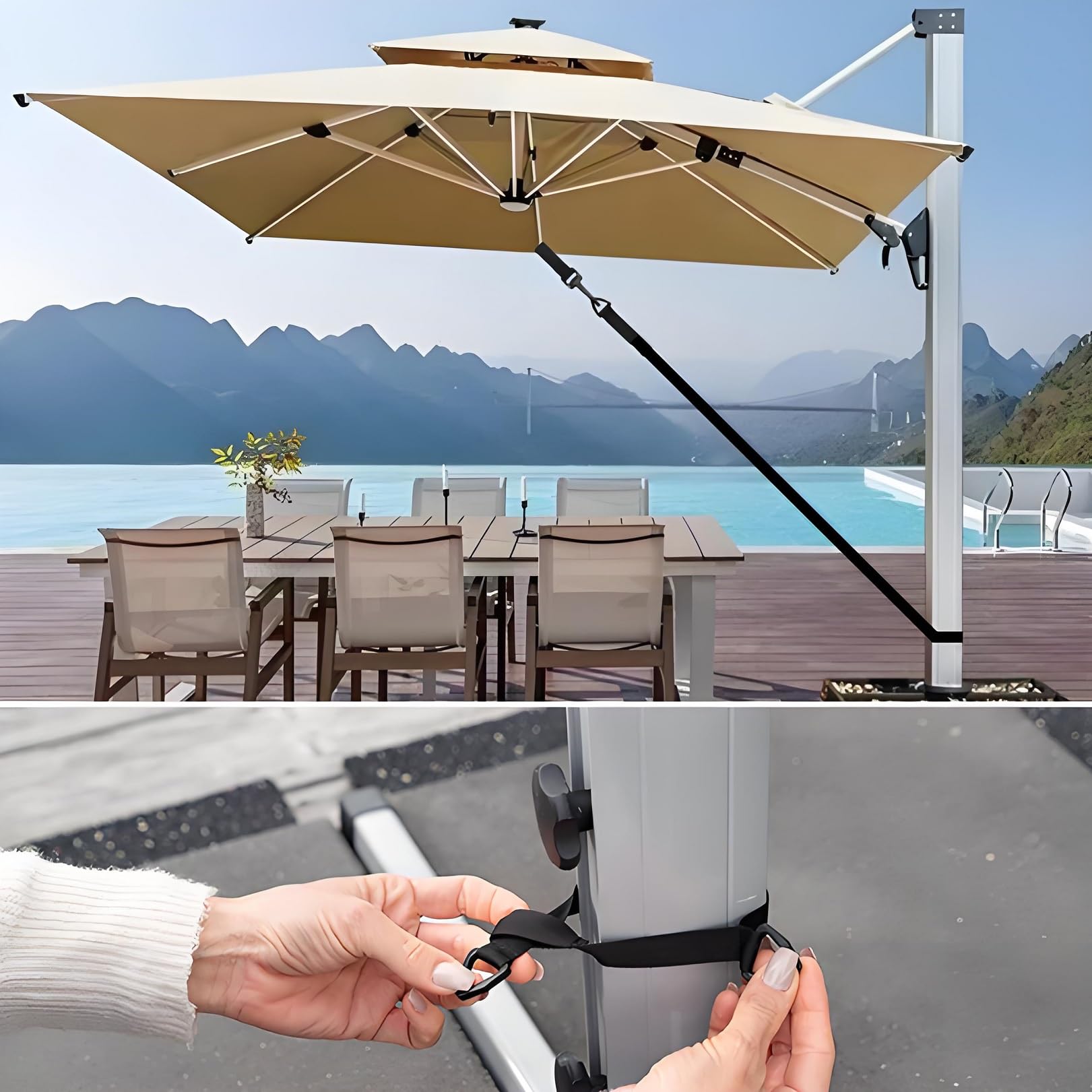 Winddichte Ampelschirme 5-teiliges Set mit Gurten für Garten, Terrasse, Balkon | Verstellbares wetterfestes Befestigungsset mit Karabinerhaken | Universelle Befestigungsgurte für Kurbel