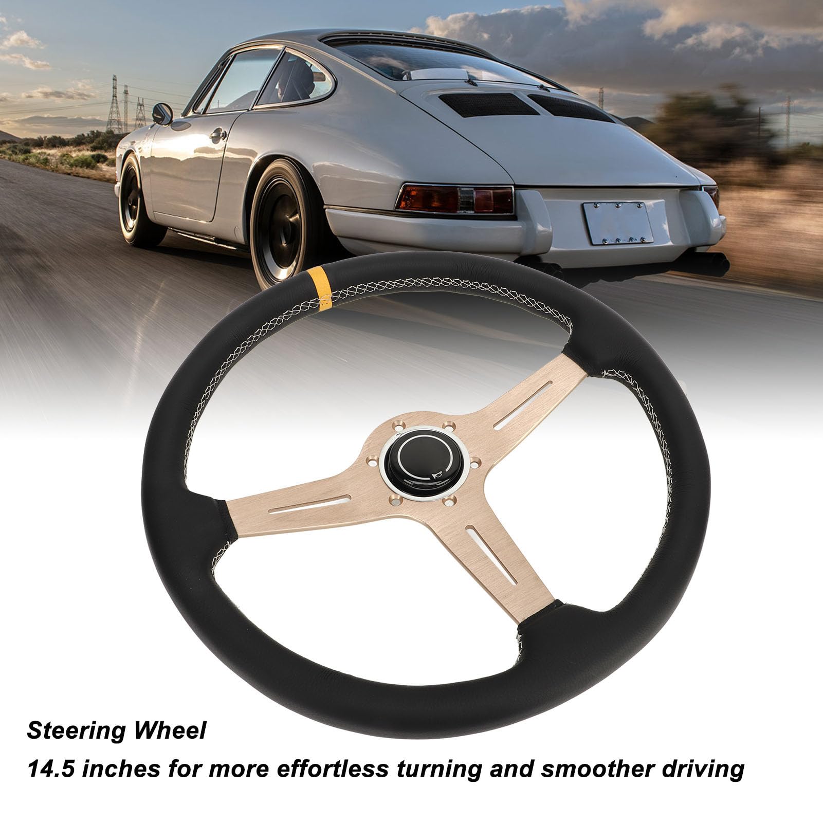 14.5in Volant Cuir Blanc Couture Intérieure Cuivre Couleur Cadre Forte Grip Control Universel pour Voiture Véhicule