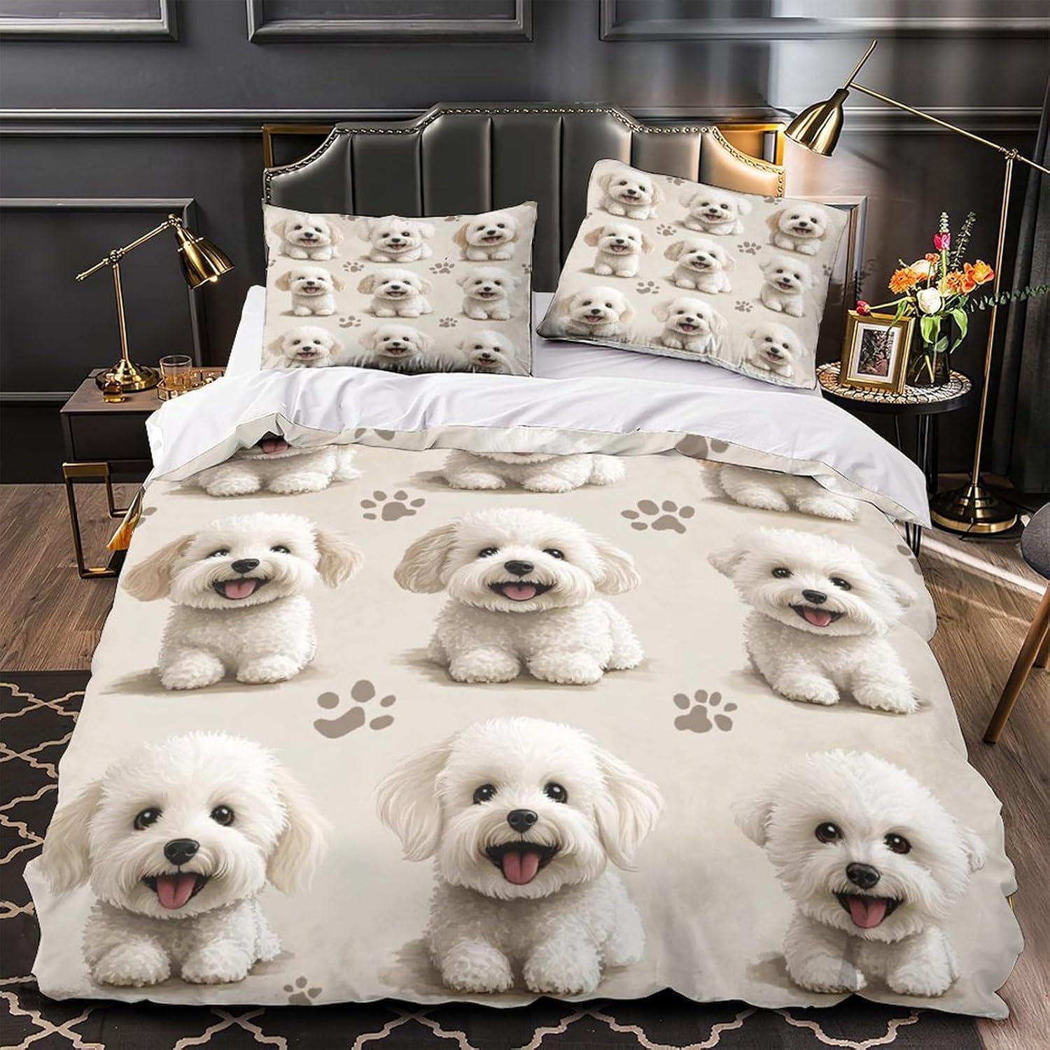 Set Copripiumino Una Piazza e Mezza 200x200 cm Cani Maltesi Stampa 3D Biancheria da letto Tema Animali Domestici in Morbido Microfibra 3 Pezzi 1 Copri Piumino e 2 Federe con Cerniera C-866