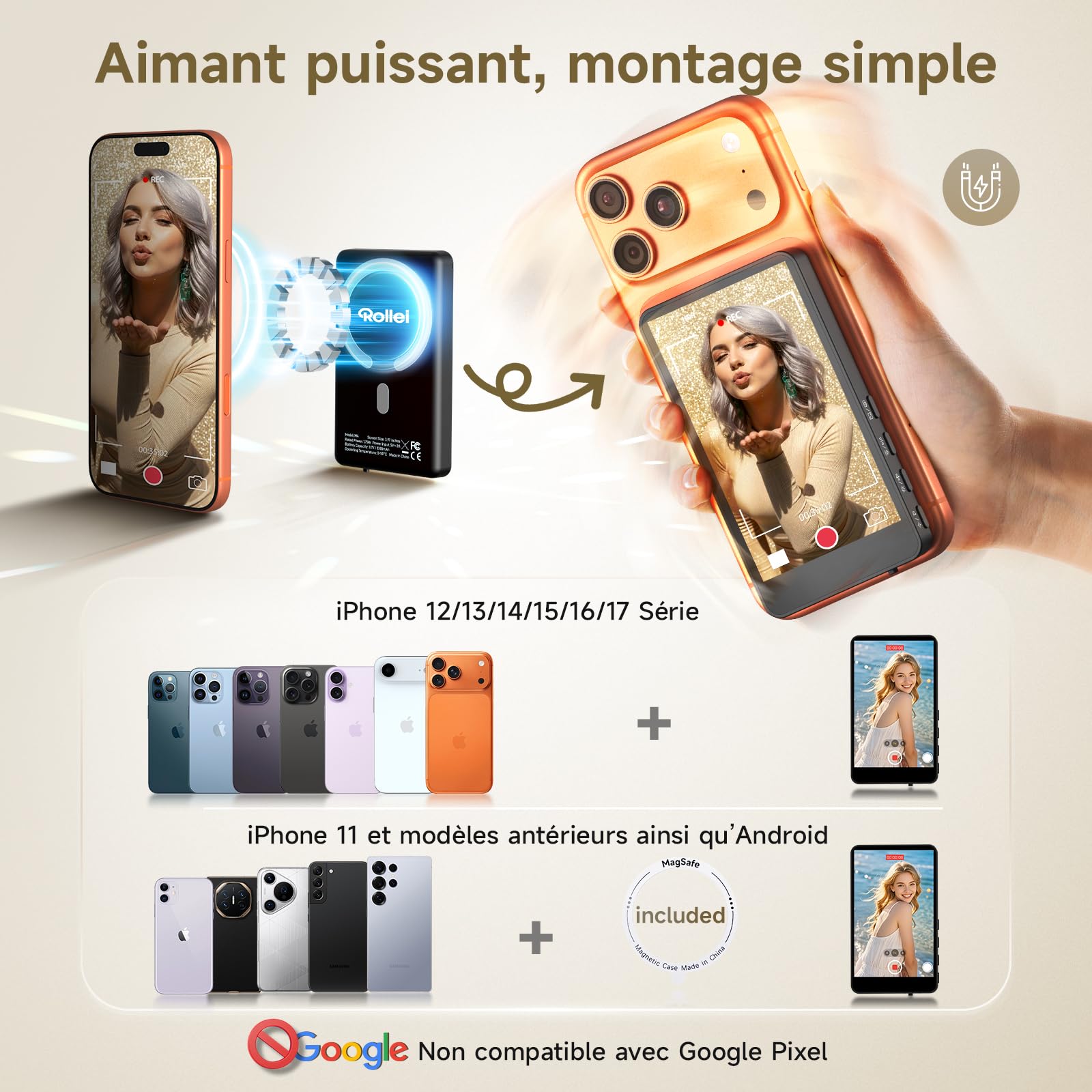 Selfie Monitor Schermo per Telefono, Rollei Easy Creator Selfie Monitor 3,97" per Fotocamera Posteriore Compatibile con iPhone e Android per TikTok Live Streaming Magnetico-Telefono-Fotocamera-Schermo