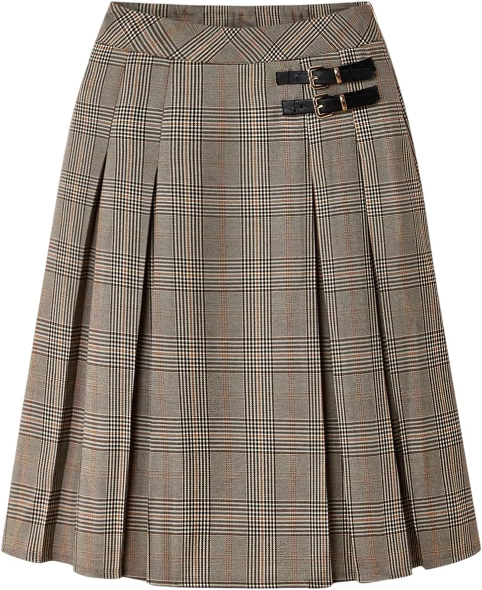 MakeMeChic Women's Plaid Skirt High Waist Pleated Pencil Flowy Buckle Midi Fall Skirts