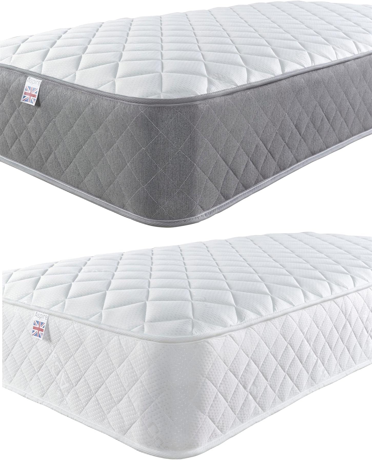 Aspire Beds Double Comfort Layers & AC Aspire-Cool Touch Diamond Tile Sleep Surface Foam Free Bonnell Sprung Value Mattress, White Border, Shorty (2ft6 x 5ft9)