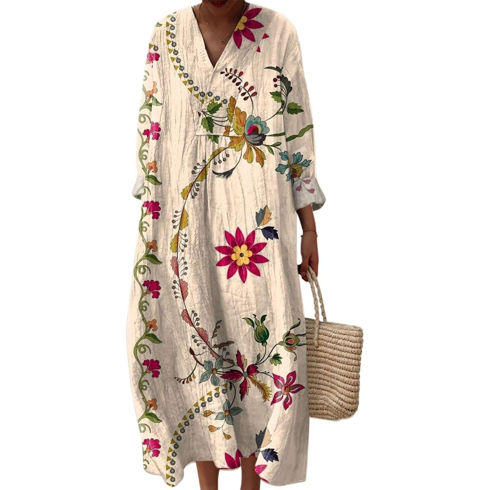 Générique Robe Longue Femme Ete Boheme Plage Col V Manches Longues Color Block Rayures Ample Decontractee Vacances Maxi Robes Fluide Casual Quotidien Elegante