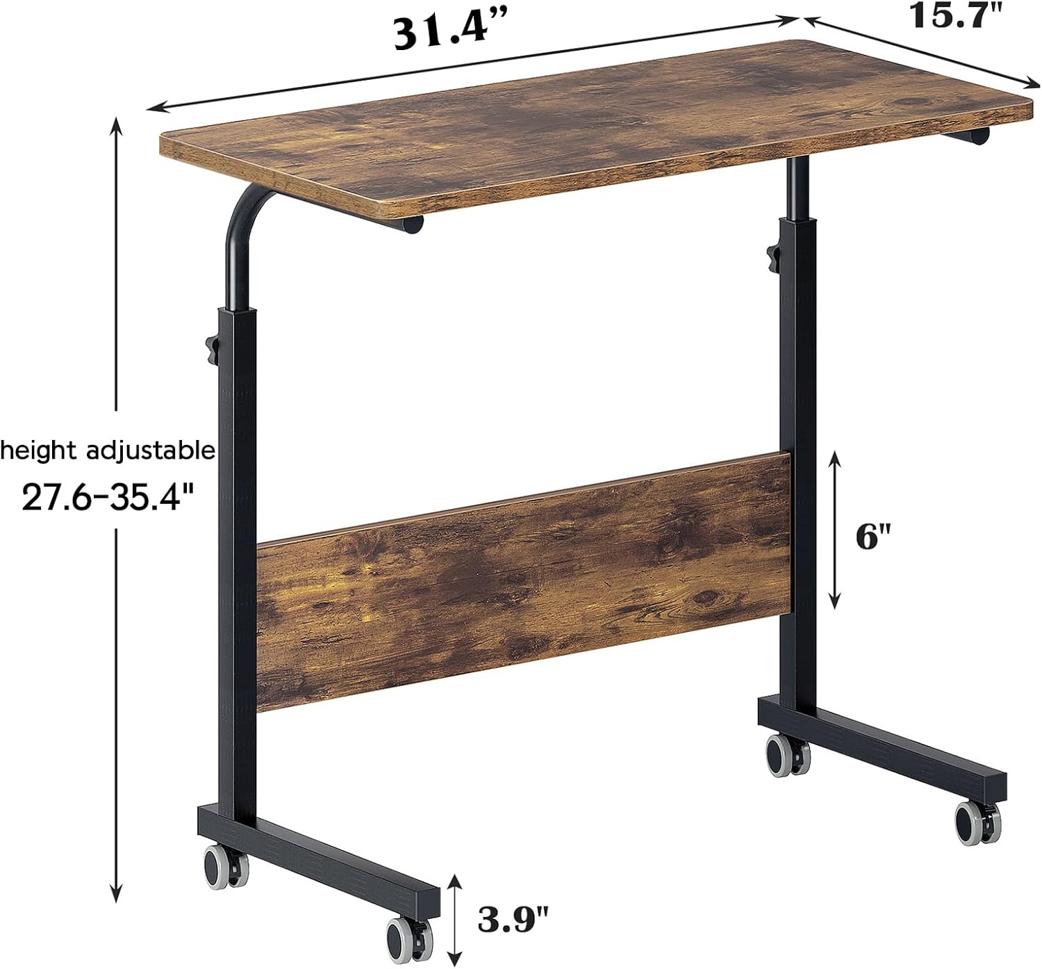 sogesfurniture Office Desk, Computer Table Cart, 31.5 inch Removable Laptop Table Cart, Height Adjustable Side Desk Workstation, Sofa Side Table with Wheels, Rustic Brown