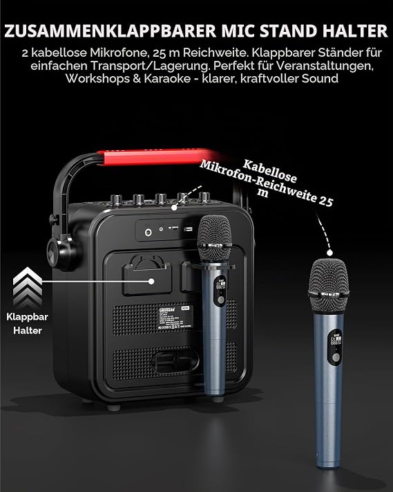 Karaoke MaschineKaraoke anlage Box mit 2 mikrofonenBluetooth LautsprecherPA System mit Karaoke-Modus/Bass- und Höhenregelung/Mikrofon-Vorrang/Rec/EQ/FM/Echo/TWSSupporta USB/TF/AUX
