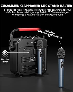 Karaoke MaschineKaraoke anlage Box mit 2 mikrofonenBluetooth LautsprecherPA System mit Karaoke-Modus/Bass- und Höhenregelung/Mikrofon-Vorrang/Rec/EQ/FM/Echo/TWSSupporta USB/TF/AUX