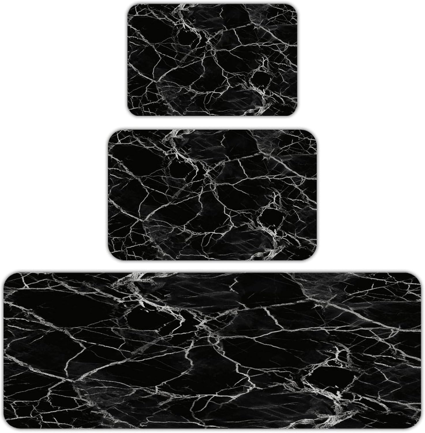 Black Marble Kitchen Mat Set of 3 Waterproof Floor Mats Non-Slip Kitchen Rugs Premium Flannel Rug Heavy Duty Standing Mat for Kitchen Home Bathroom Laundry