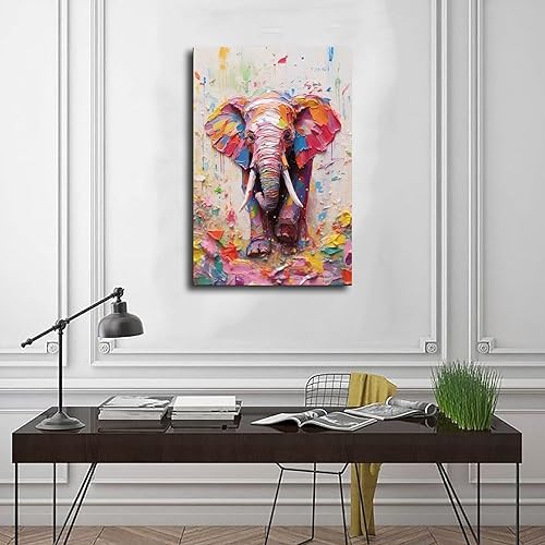 Miniatura 3 de Fyzuf Arte de pared de elefante - Pintura al óleo sobre lienzo, estilo cubismo, elefante colorido, estético, 12 x 18 pulgadas (11.8 x 17.7 in), sin