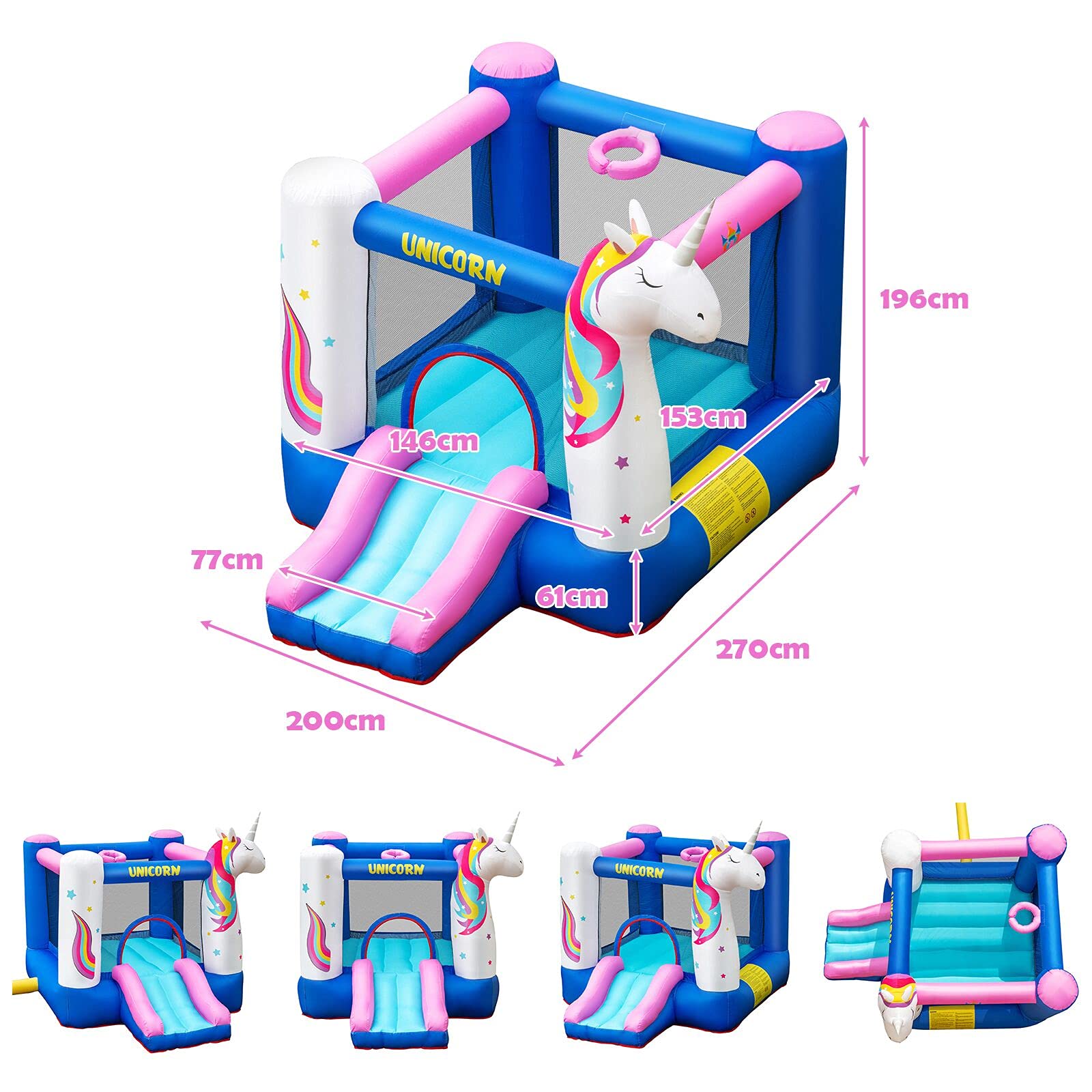 COSTWAY Château Gonflable 6 En 1 Licorne – Toboggan, Piscine à Balles, Panier, Maison Saut Pour Enfants 3-12 Ans (sans Souffleur)