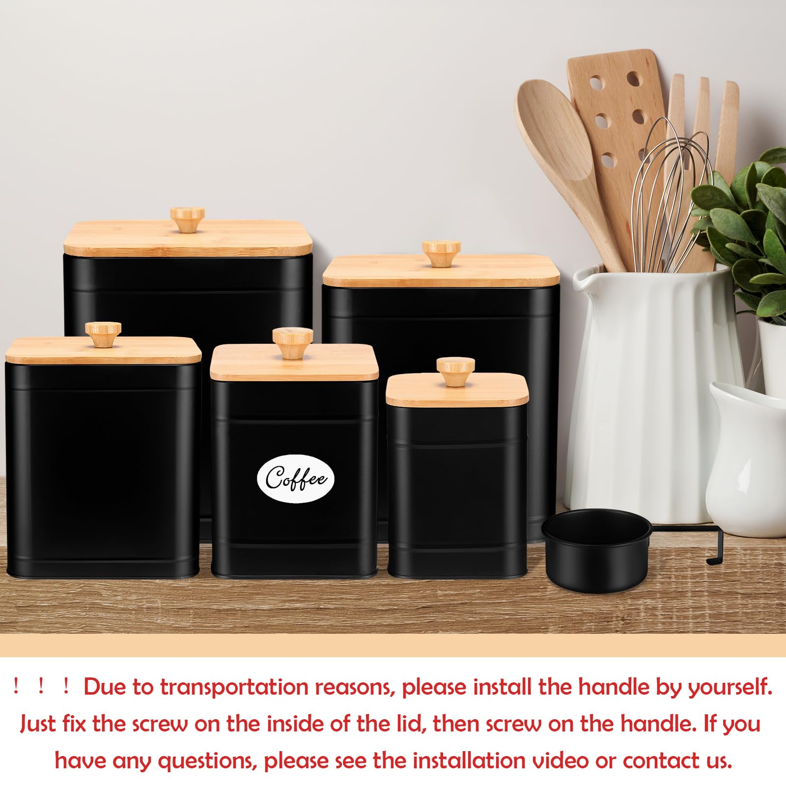 Buryeah Juego de 5 botes negros para la cocina, juego de 5 botes de cocina