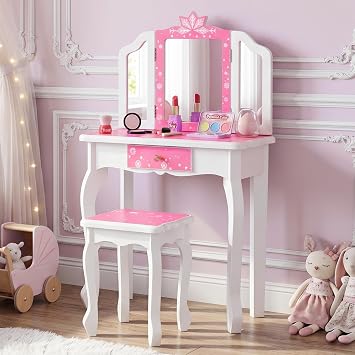 JOYMOR Kids Vanity Set, Wooden Princess Makeup Table with Stool, Tri-Folding Mirror, Large Drawer, Solid Wooden Legs, Beauty Make Up Dressing Set for Girls Best Gift Pink