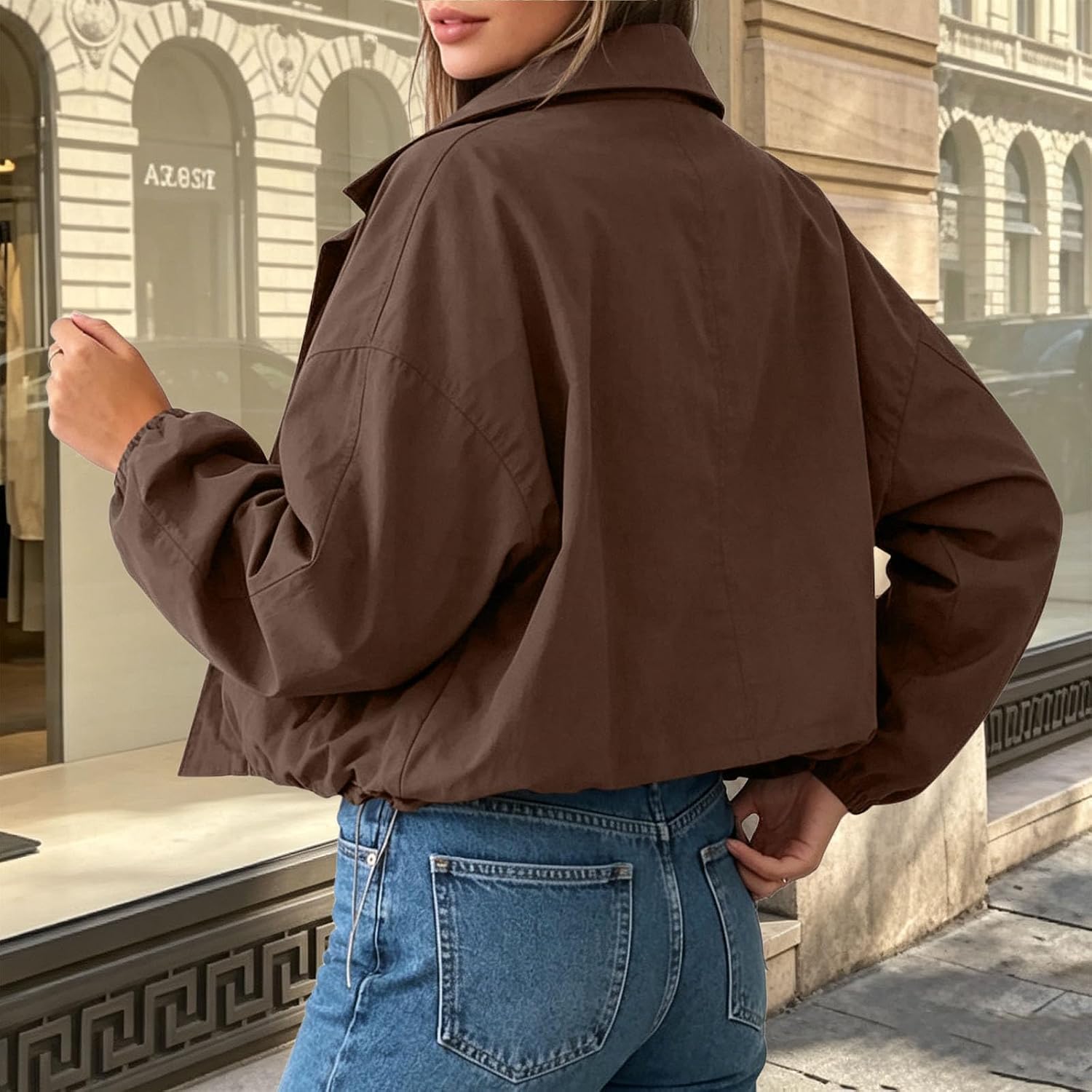 Women's Stand Collar Cropped Jacket Button Front Casual Short Coat