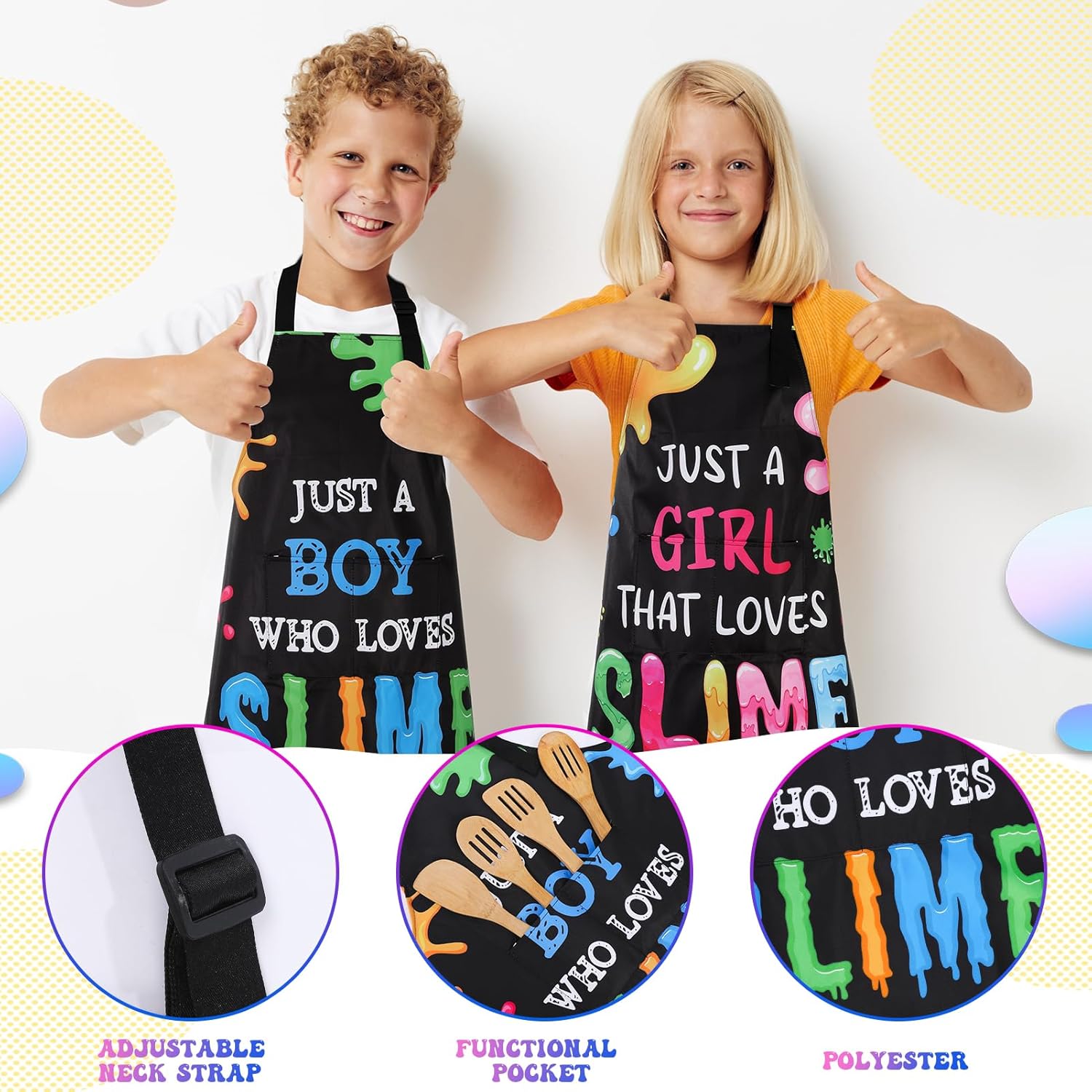 2pcs Slime Apron for Kids Aged 6-12 Kids, Waterproof Funny Slime Apron with Pockets, Kitchen Adjustable Aprons for Girls Boys Baking Cooking Gardening Party