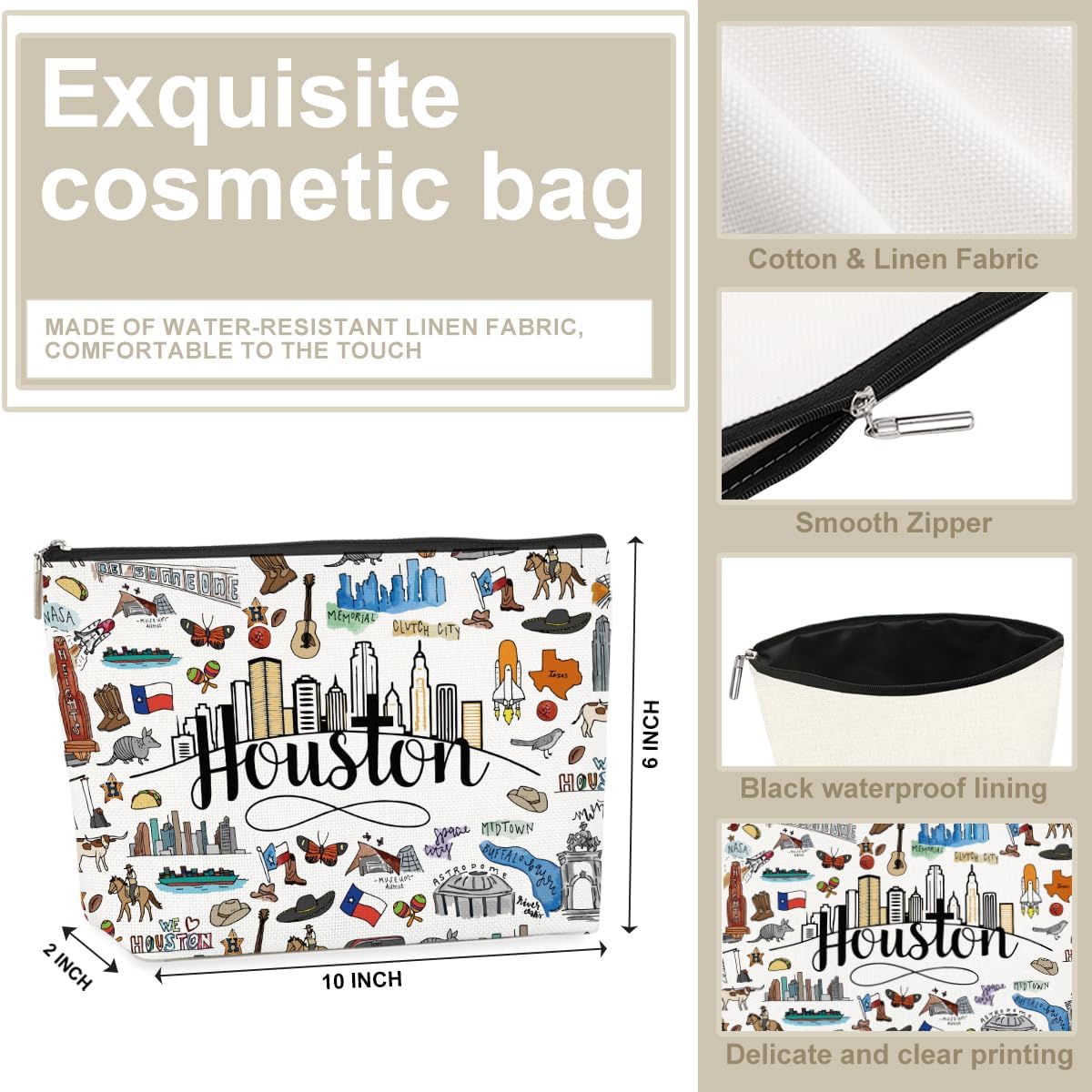 Houston Themed Makeup Bag - Houston Souvenir Gift for Women, Best Friend, Sister - Travel Friendly Cosmetic Bag, Birthday image 2
