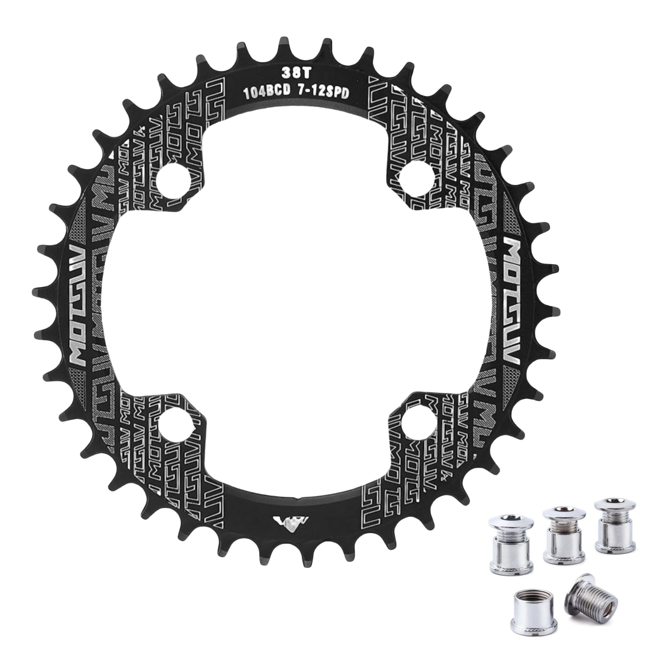 QIAMNI 104 BCD 32T 34T 36T 38T Narrow Wide Single Chain Ring with 4 Pieces Sprocket Bolts for Road Bikes, Mountain Bikes, BMX MTB Bike (Black, 38T)