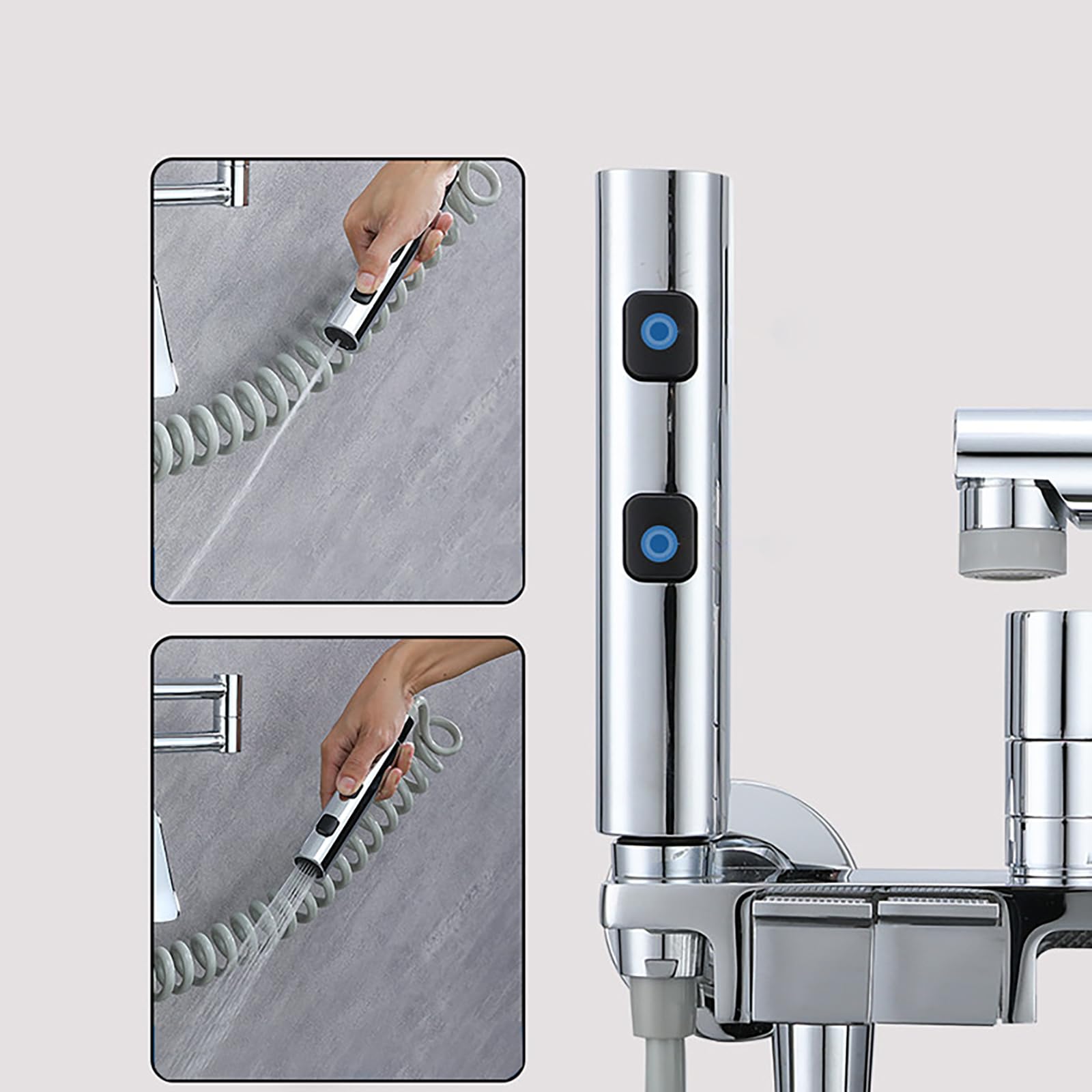 Grifo Cocina Pared Grifos Baño con Pistola Pulverizadora Grifo Cocina Abatible con 2 Chorros de Agua Latón,Gris