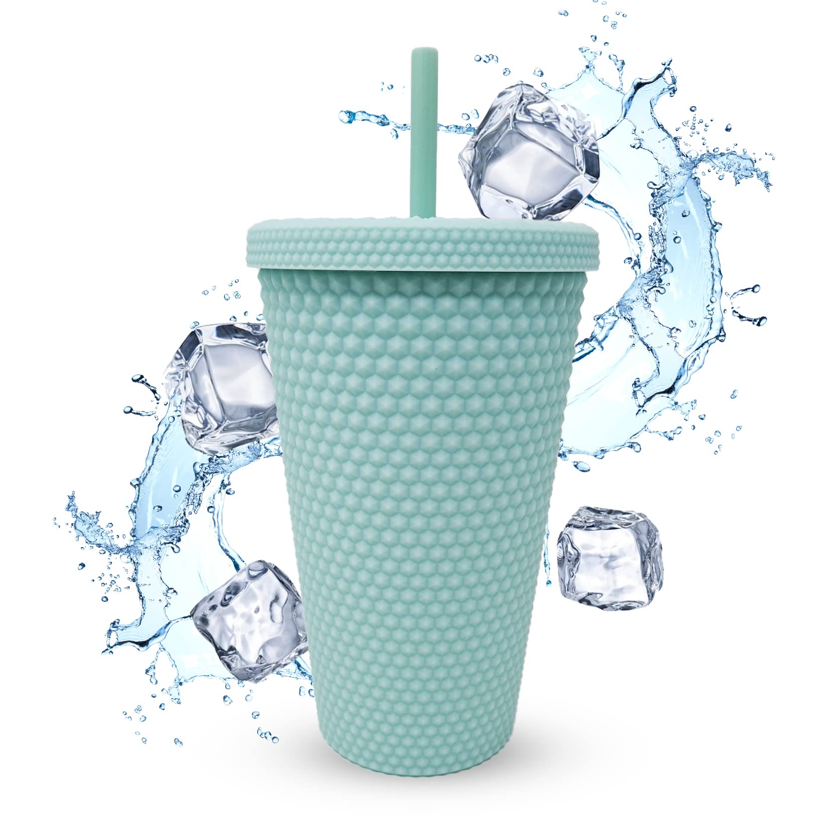 Studded Tumbler Straw Lid - Plastic Double Walled Cold Cup for iced Coffee, Water, Slush or Smoothies, Your Home Cinema Cup (Matte Mint 16OZ/ 450ml)