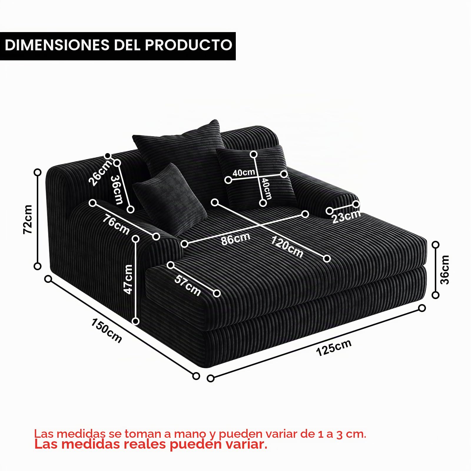 Sofá Moderno de Pana con función de sofá Cama y Chaise Longue, sofá en la Nube con 3 Cojines, cómodo Asiento para Sala de Estar en Negro, sin Montaje