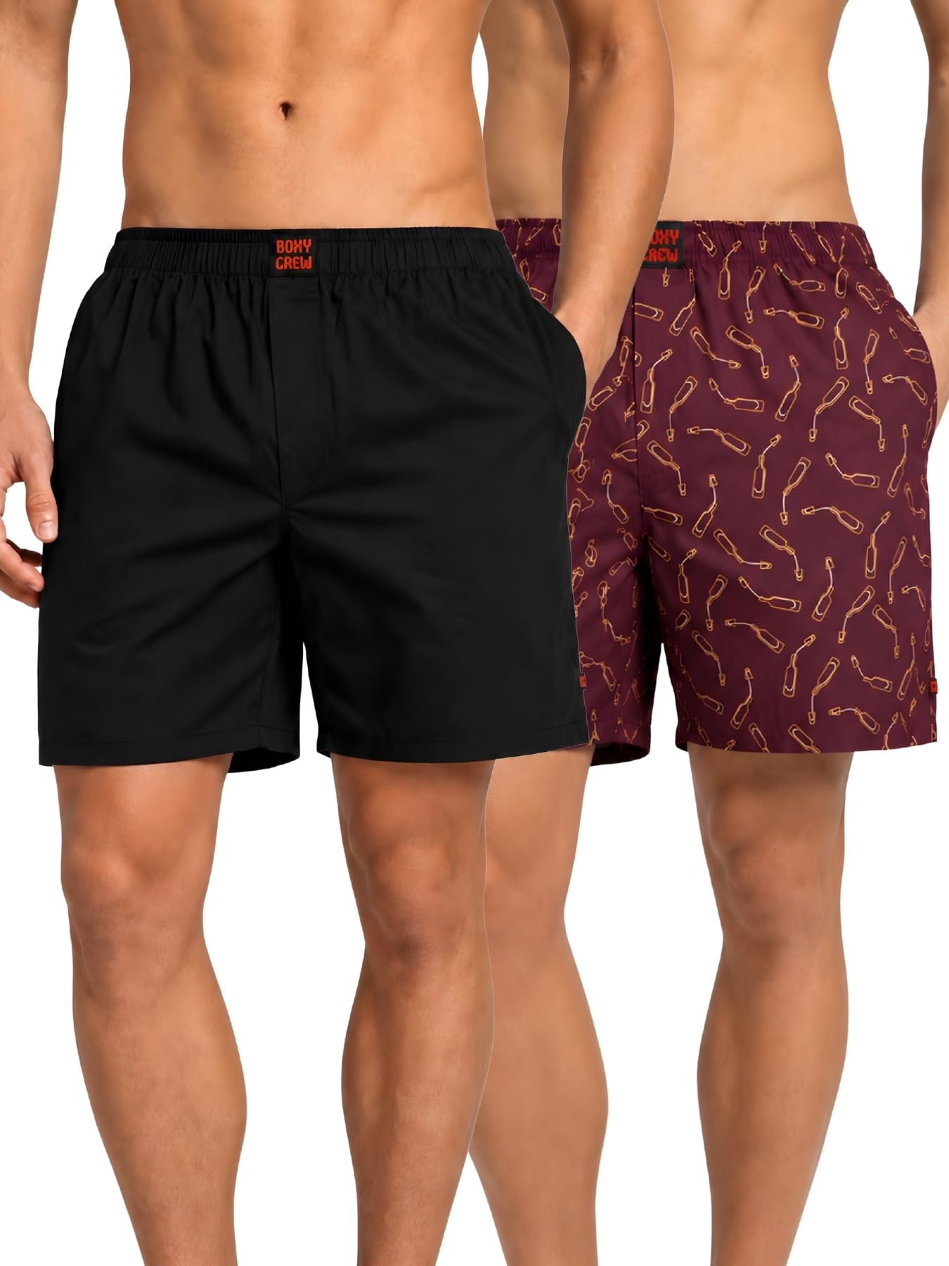 boxy crew Men Boxer Shorts Pack of 2, 100% Cotton Woven Boxers, Black & Maroon, Solid & Printed Designs, Dual Side Pockets, No-Marks Inner Elastic Waistband, Relaxed Fit Lounge & Sleep Shorts-picture-26