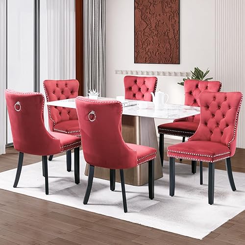Miniatura 17 de Juego de 6 sillas de comedor de terciopelo, sillas de comedor tapizadas acolchadas con ribete de tachuelas y patas de madera maciza para cocina,