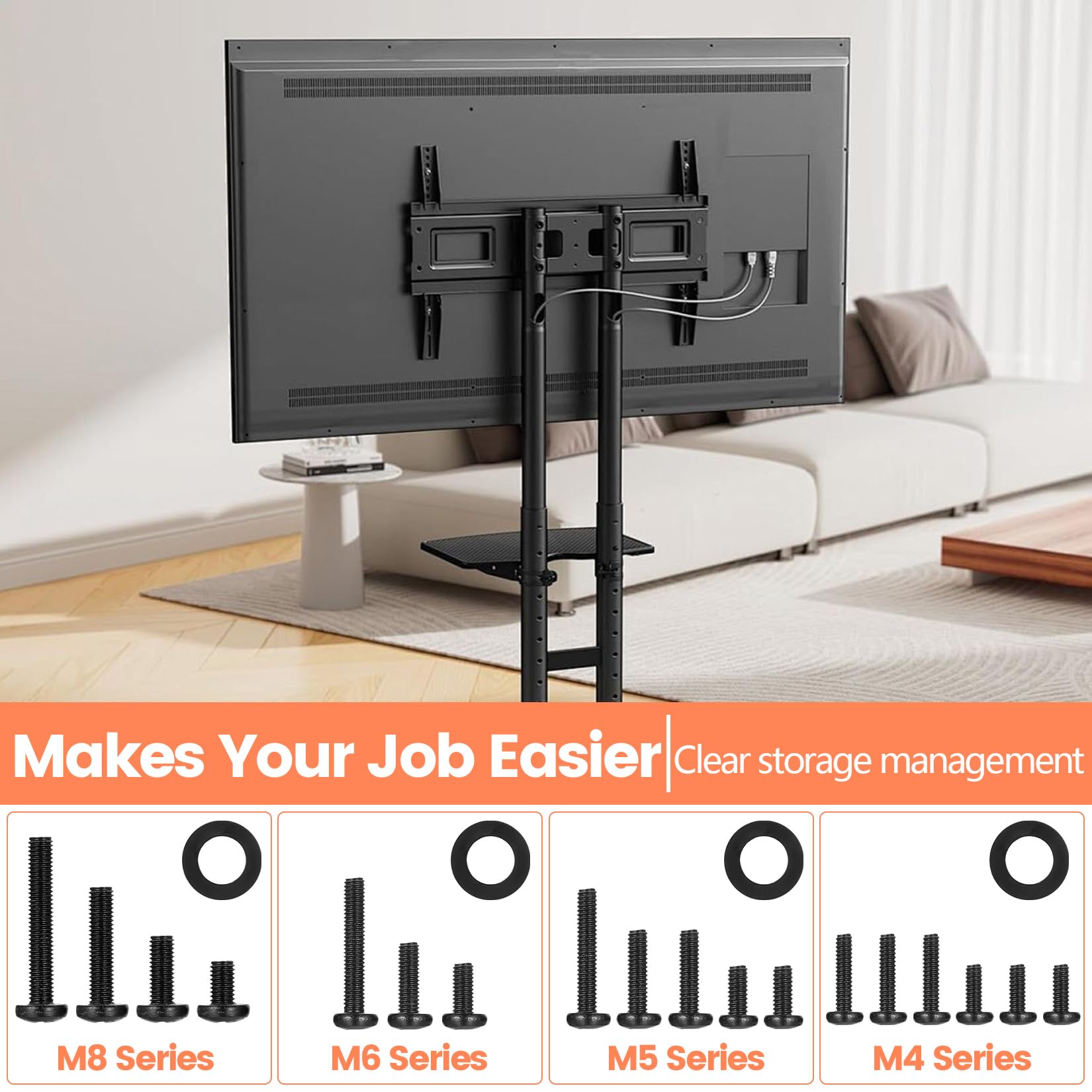 Ensemble de vis VESA BOJIUKEJI, M4 M5 M6 M8, 68 pièces, Noir, pour montage mural TV et support moniteur jusqu'à 80 pouces, avec entretoise