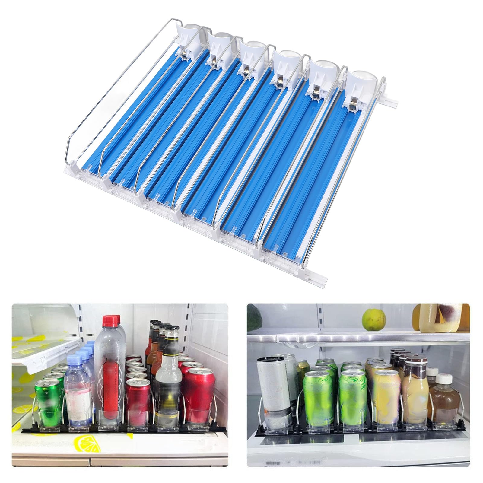 Organizador de bebidas para frigorífico, dispensador de refrescos ajustable de 6 filas ABS, fácil carga, dispensador de latas de refresco deslizante para bebidas (Azul)