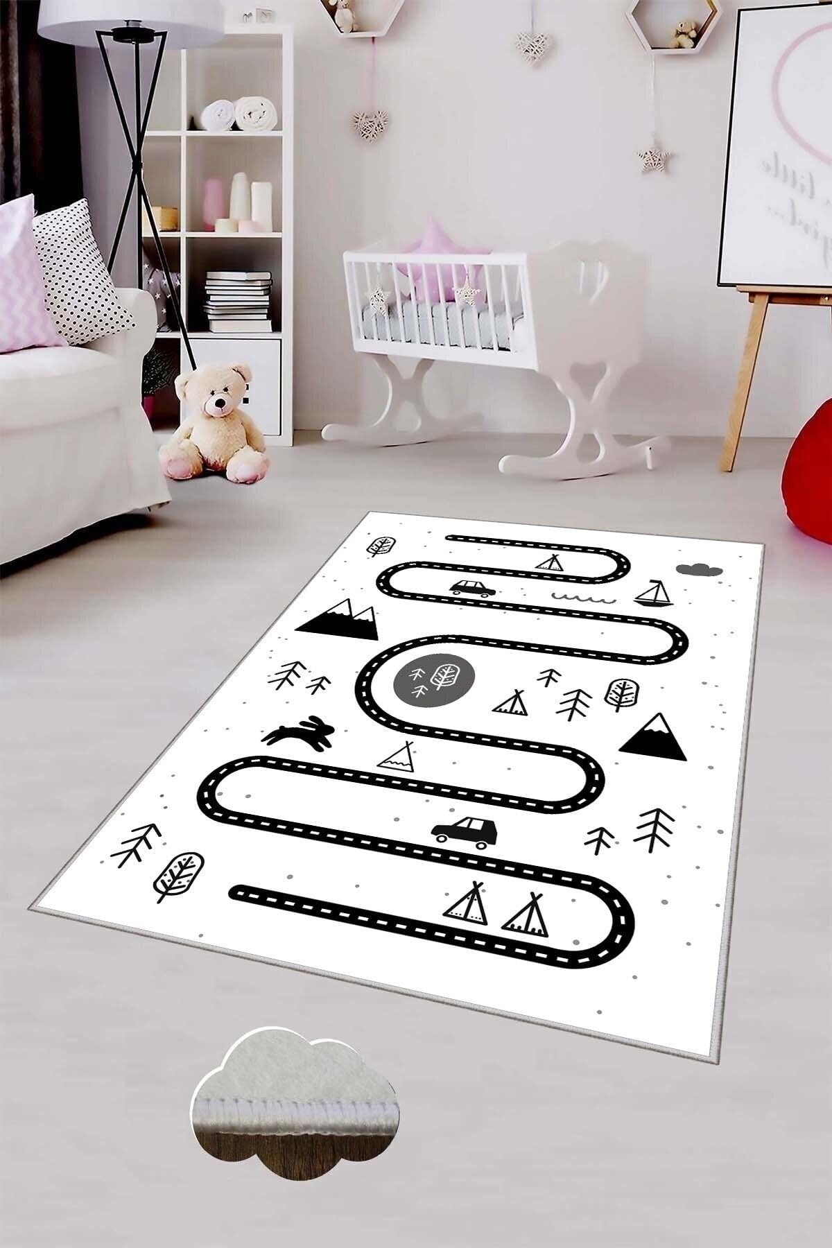 Pelangi Gri Trafik Yollu Ve Fiğürlü Yıkanabilir Kaymaz Taban Leke Tutmazbebek Ve Çocuk Odası Halısı, Beyaz-Siyah 40 x 40