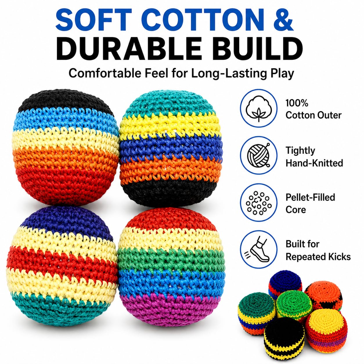 6PCS Hand-Made Knitted Hacky Sack, 2026 Upgraded Assorted Foot Bag Crochet Hacky Sacks for Adults, Juggling Balls for Beginners, Multicolored Geometric Pattern, Ready-to-Use Hacky Sacks (6pcs) — view 3