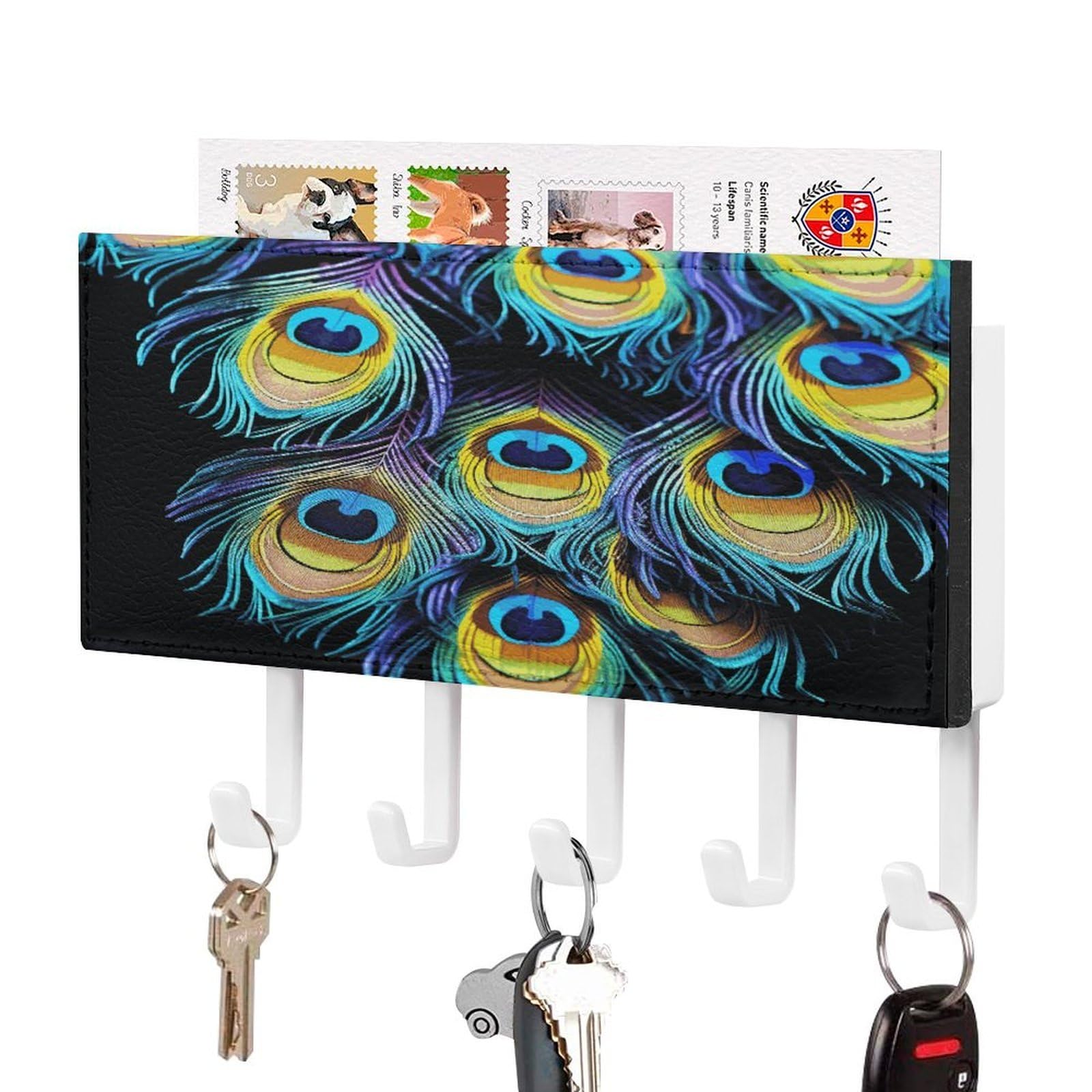 FekiLoot A Bunch of Peacock Feathers Key Holder Wall Mount Key Hooks for Wall Decorative with 5 Hooks PU Mail Rack Organizer with Shelf for Entryway Mudroom Hallway Office 7.1X4.3 in