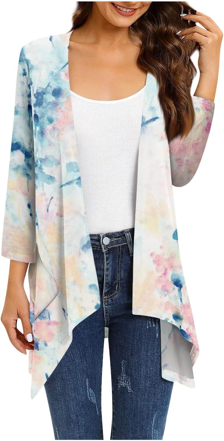 Stutye Summer Cardigans for Women Lightweight Gradient Print Irregular Three-Quarter Sleeve Cardigan with Pocket Jacket