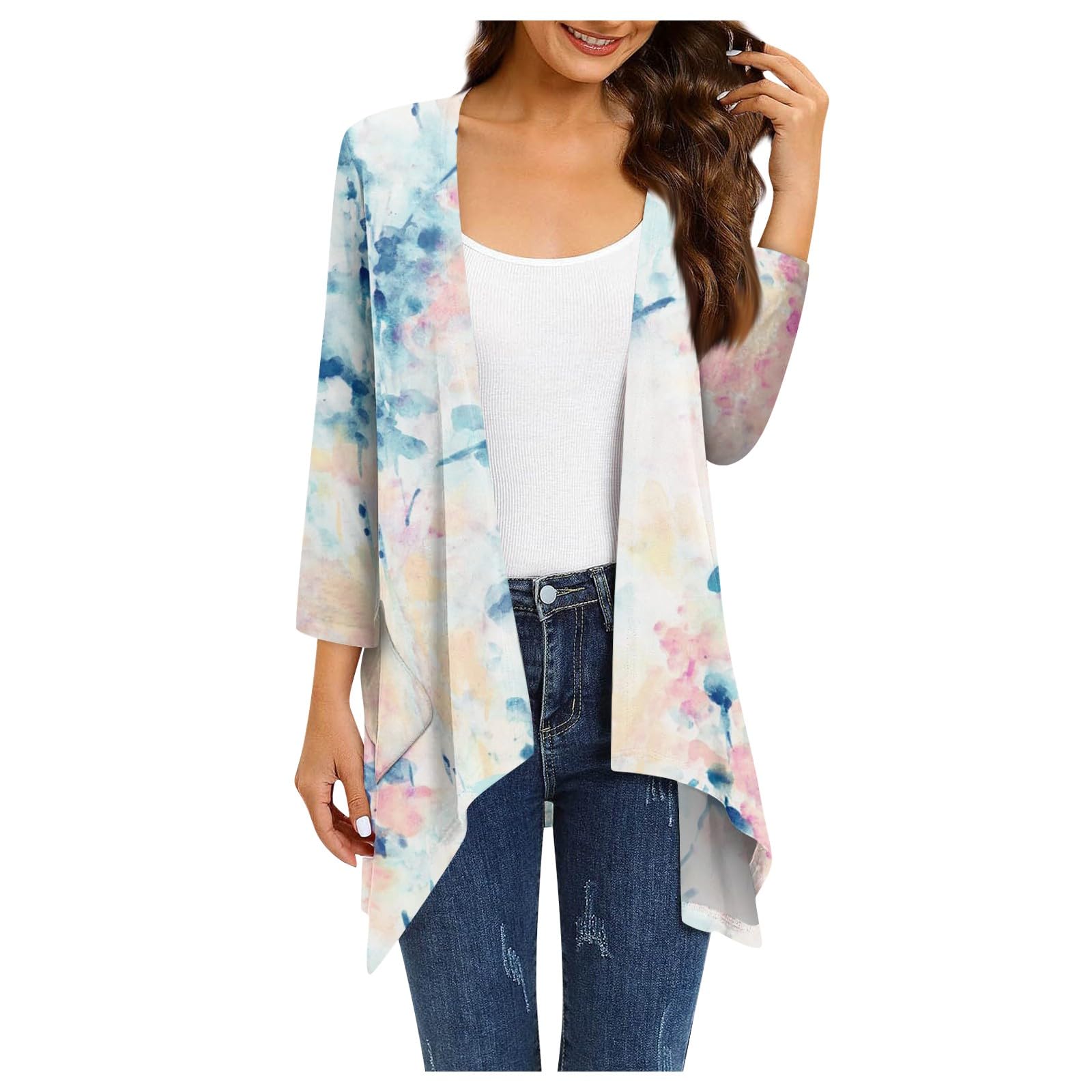 Stutye Summer Cardigans for Women Lightweight Gradient Print Irregular Three-Quarter Sleeve Cardigan with Pocket Jacket