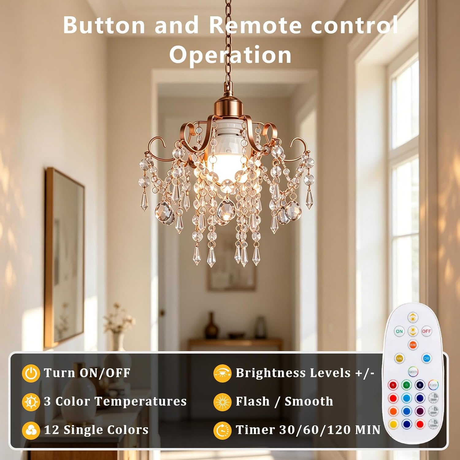 Battery Operated Chandelier 2 Pack, 5000mAh Rechargeable Pendant Light with Remote, RGB Dimmable No Wiring Acrylic Crystal Beaded Hanging Lamp for Indoor Outdoor Patio Gazebo Bedroom Ceiling Decor