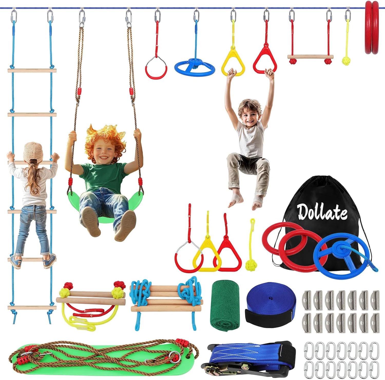 Dollate Ninja Warrior Obstacle Course for Kids - 65 FT, Outdoor Obstacle Course 13 Accessories, Swings, Monkey Bars, Arm Trainers - Suitable for Boys and Girls 3+ - 440 lbs Capacity