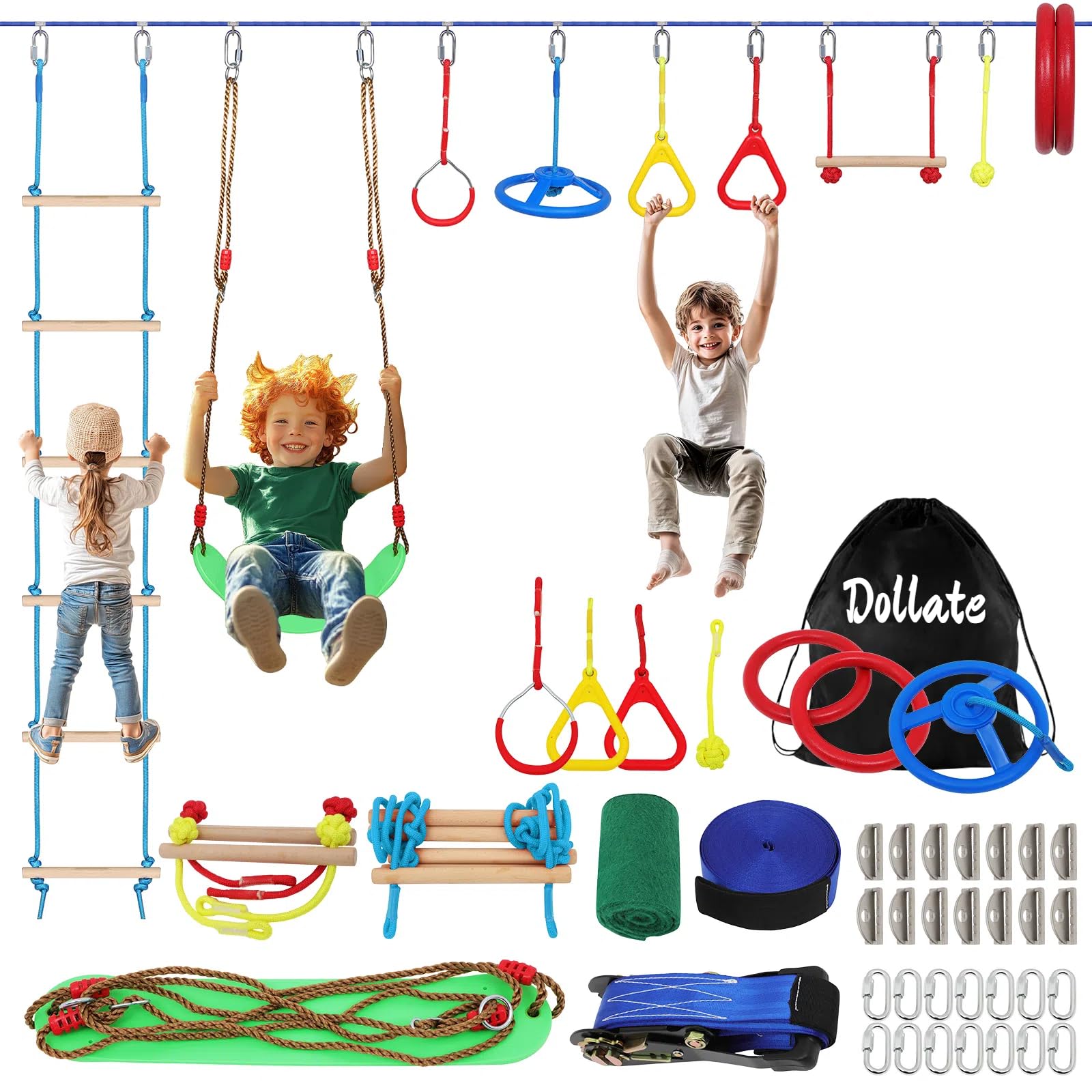 Dollate Ninja Warrior Obstacle Course for Kids - 65 FT, Outdoor Obstacle Course 13 Accessories, Swings, Monkey Bars, Arm Trainers - Suitable for Boys